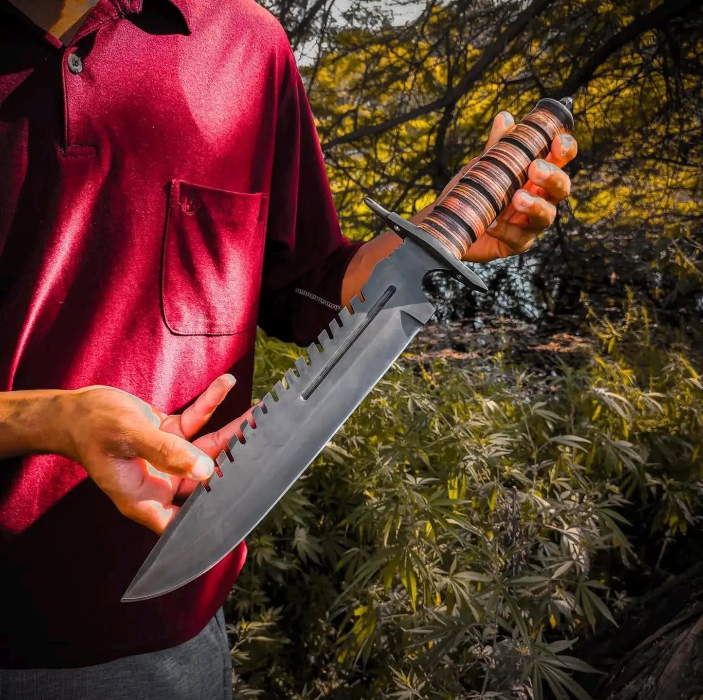 Handmade Stainless Steel Fixed Blade Knife · 18" Overall · Black Coated Blade · Leather Wrapped Handle