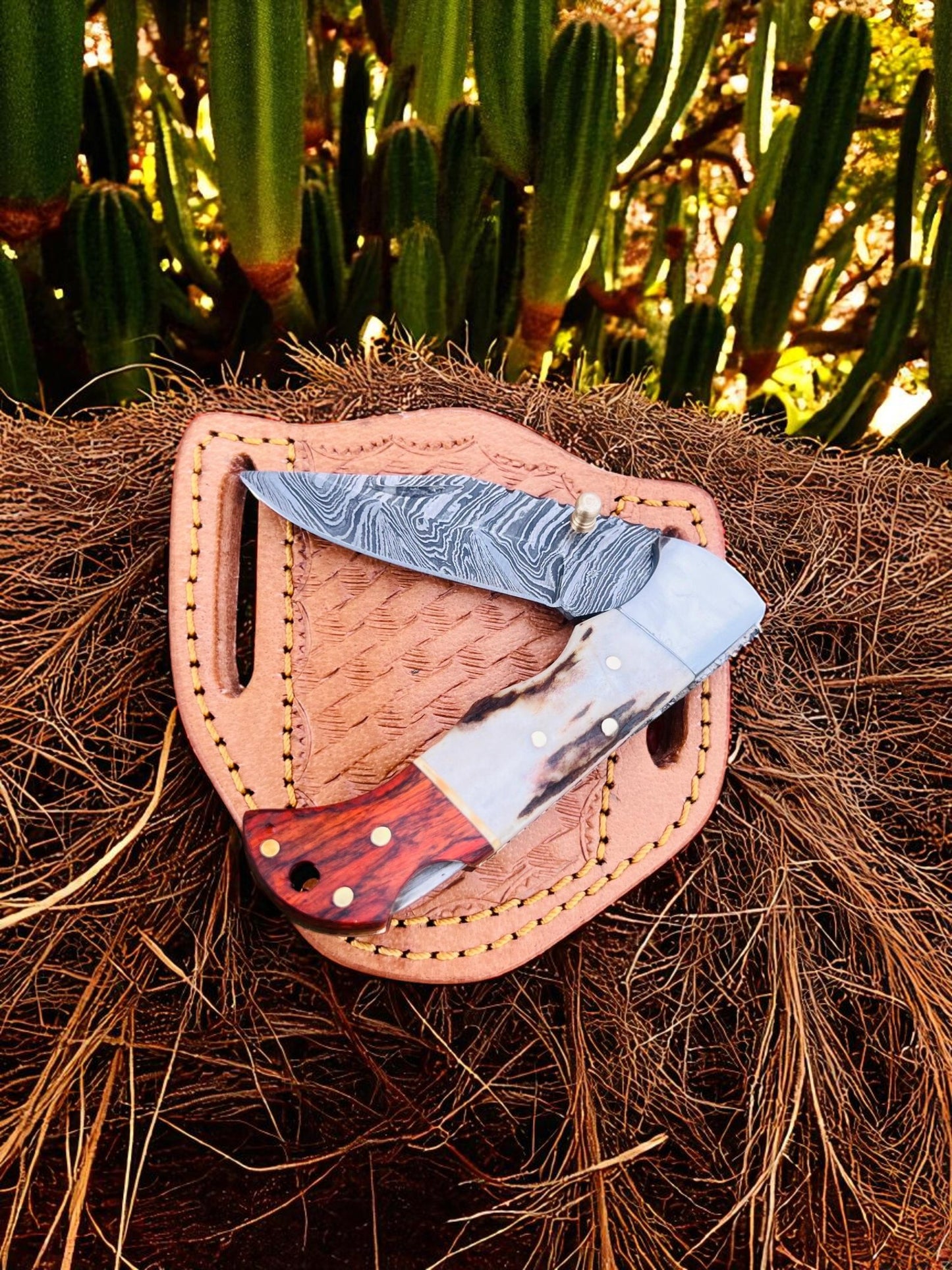 Custom Handmade Damascus Steel Folding Pocket EDC Knife With Leather Sheath