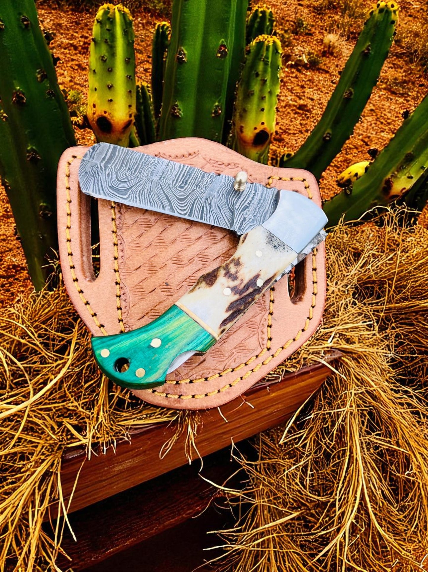Custom Handmade Damascus Steel Cowboy Folding Pocket EDC Knife With Leather Sheath