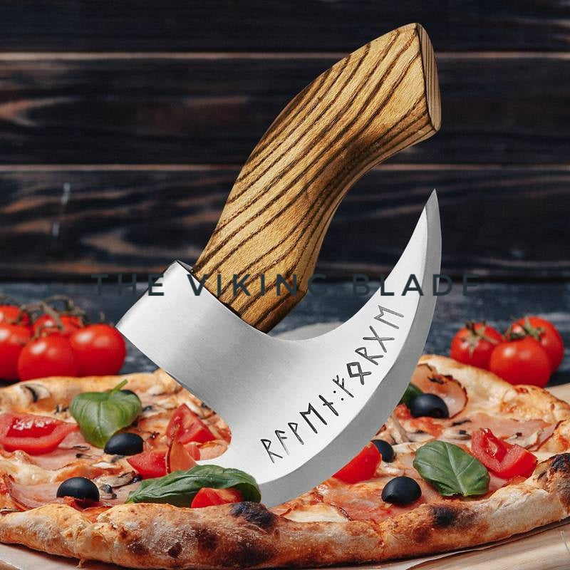 J2 steel pizza cutter axe premium kitchen knife with leather sheath and strong wooden handle for safe storage.