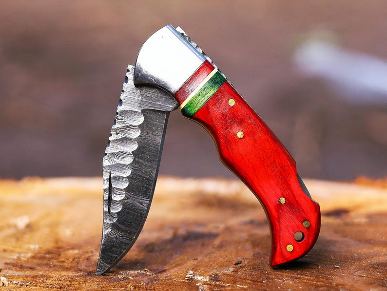 Custom Handmade Damascus Steel Folding Pocket Knife With Leather Pouch