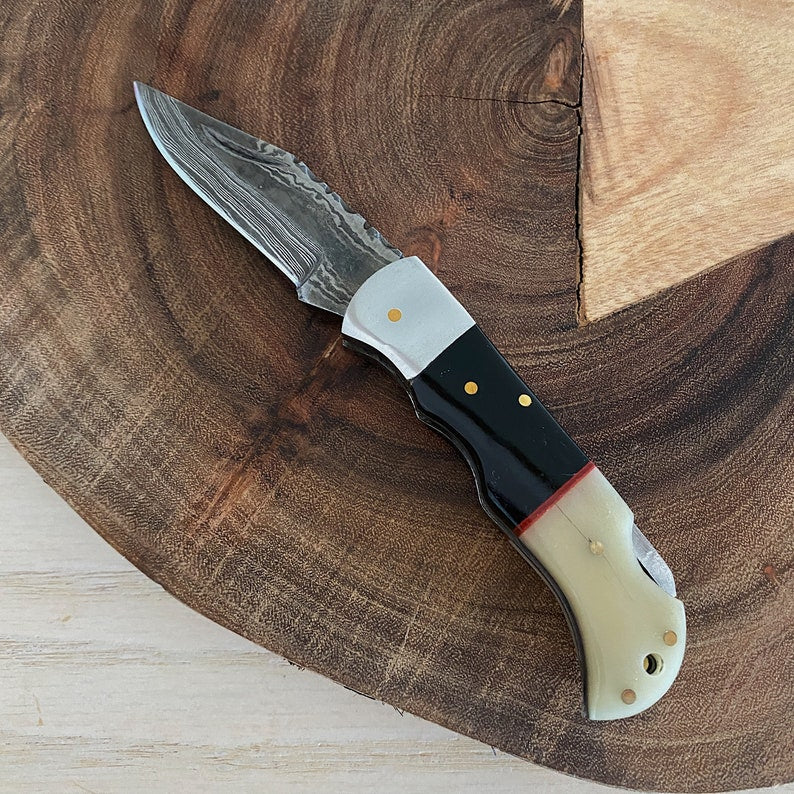 Custom Handmade Damascus Steel Folding Pocket Knife With Leather Pouch