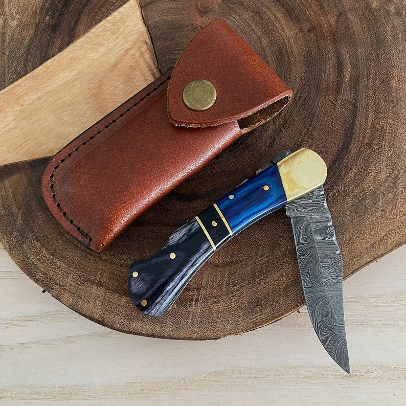 Custom Handmade Damascus Steel Folding Pocket Knife With Leather Sheath