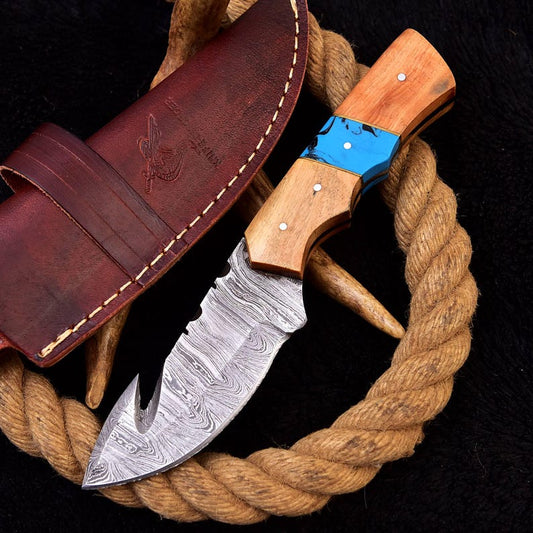 Custom Handmade Damascus Steel Hunting Gut Hook Skinner Knife With Leather Sheath