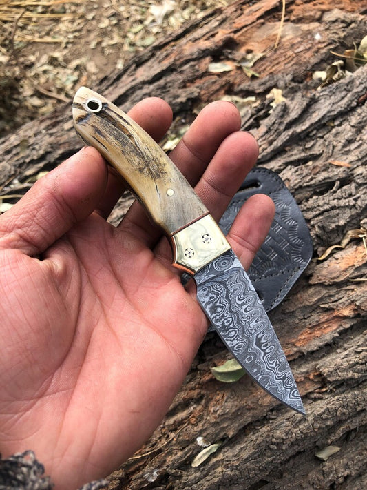 handmade damscus steel skinning knife edc knife with sheath