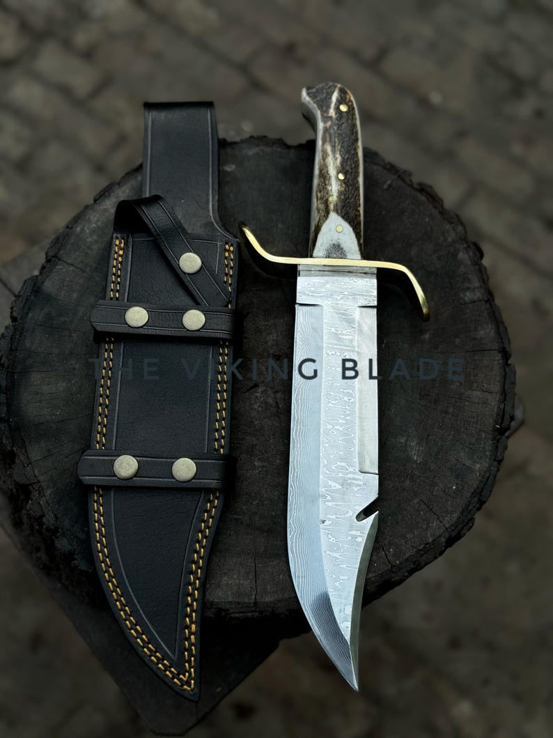 Custom Handmade Stainless Damascus Steel Hunting Gut Hook Bowie Knife With Leather Sheath