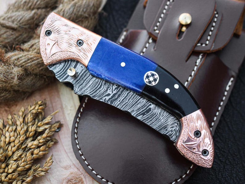 Custom Handmade Damascus Steel Folding Pocket Knife With Leather Sheath