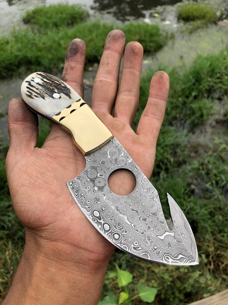 handmade damascus steel guthook skinning knife with sheath