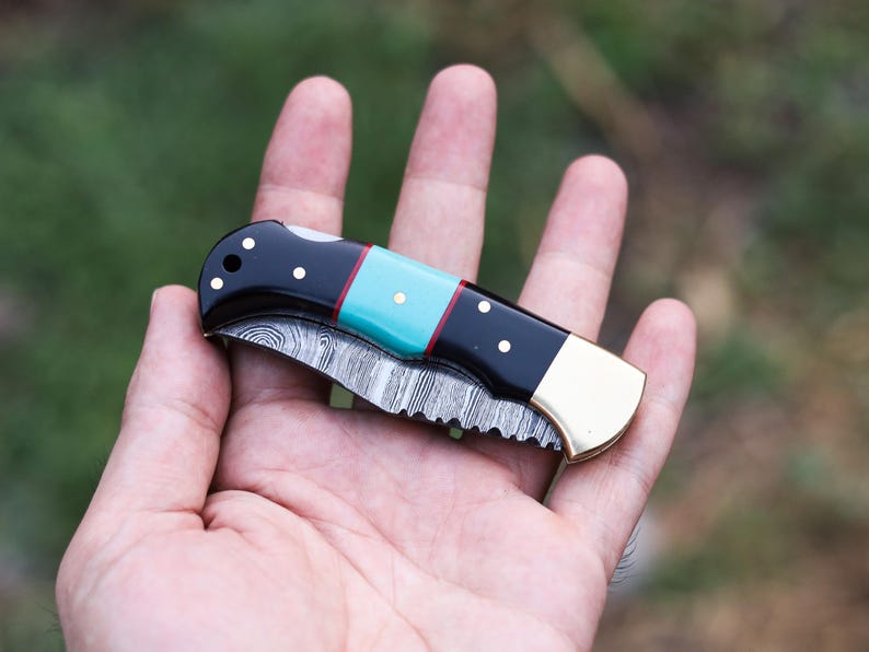 Custom Handmade Damascus Steel Folding Pocket Knife With Leather Pouch