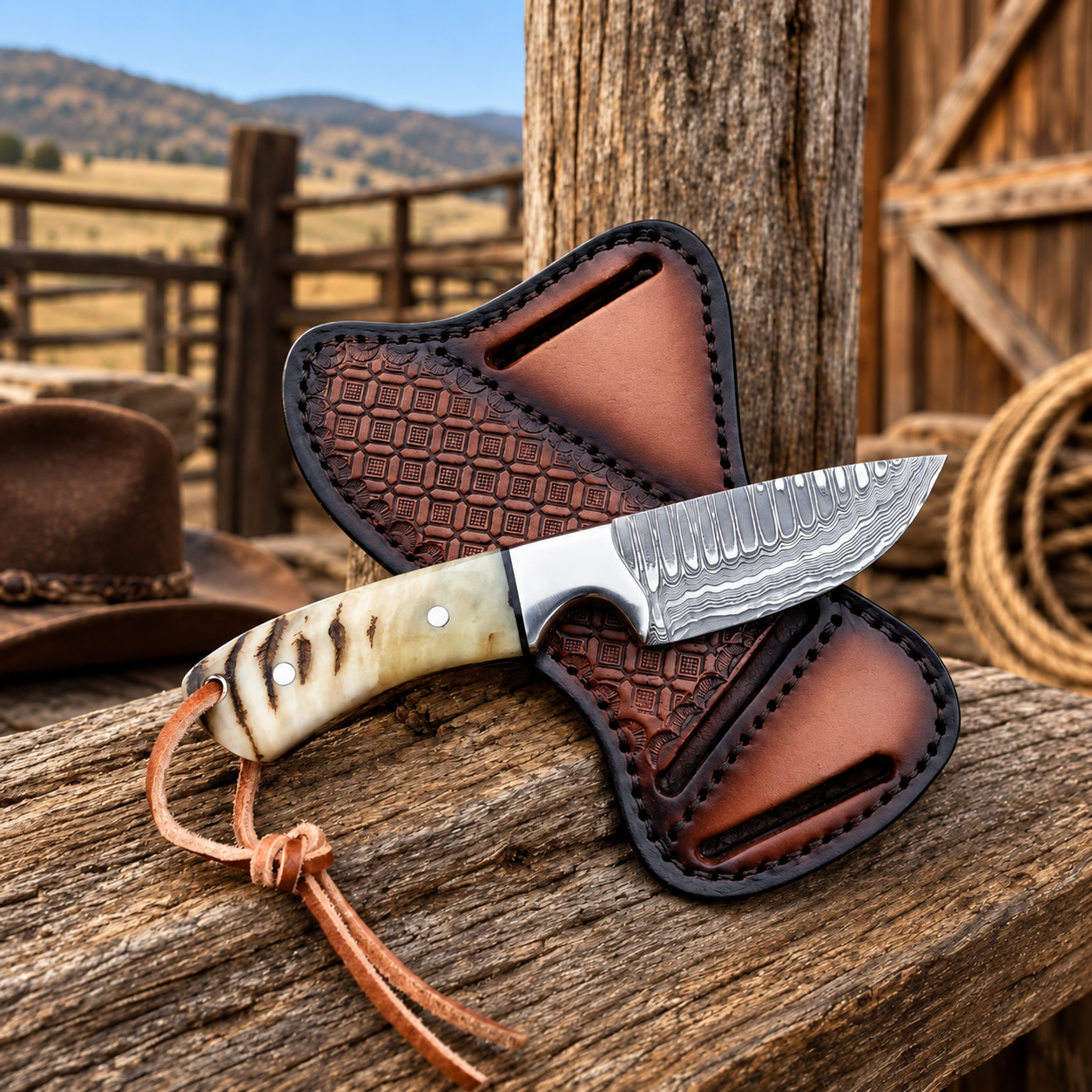 Buckaroo Knife | Damascus Steel with Ram Horn Handle