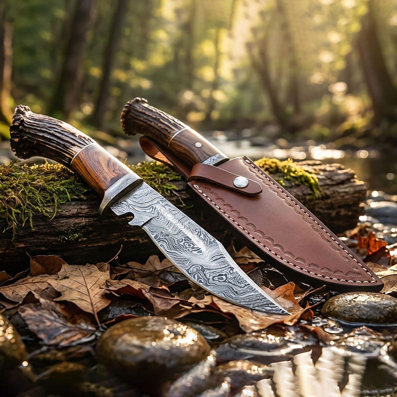 Handmade Damascus Steel Bowie Knife Antler Handle With Leather Sheath
