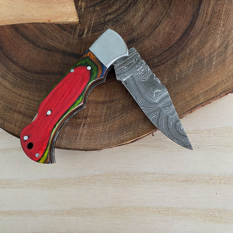 Custom Handmade Damascus Steel Folding Pocket Knife With Leather Pouch
