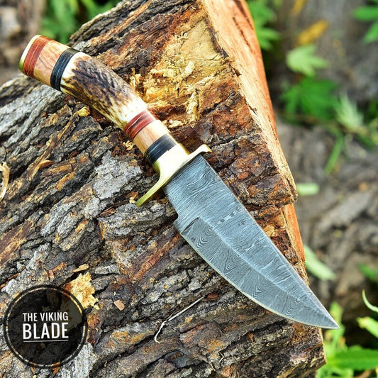 Custom Handmade Damascus Steel Hunting Skinning Knife Stag HANDLE BRASS GUARD Comes With Genuine Leather Seath