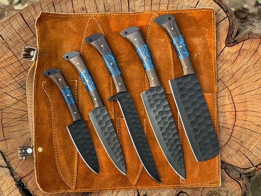 Hand Forged Chef Set With Leather Roll Kit
