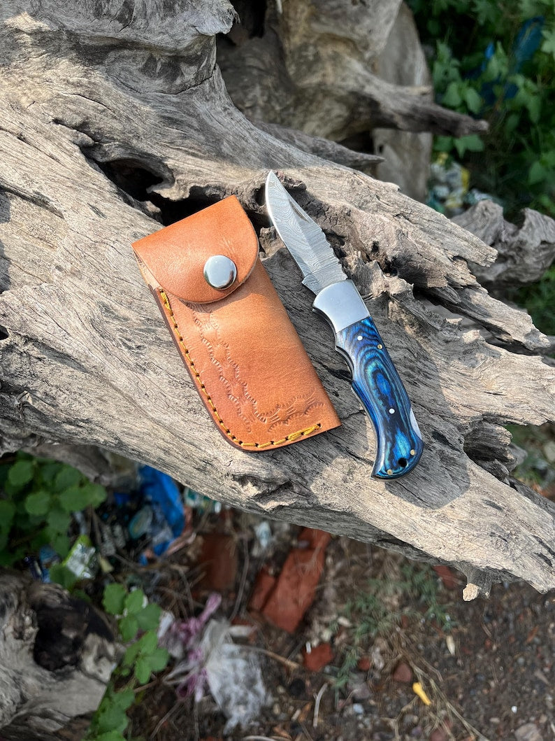 Custom Handmade Damascus Steel Folding Pocket Knife With Leather Pouch