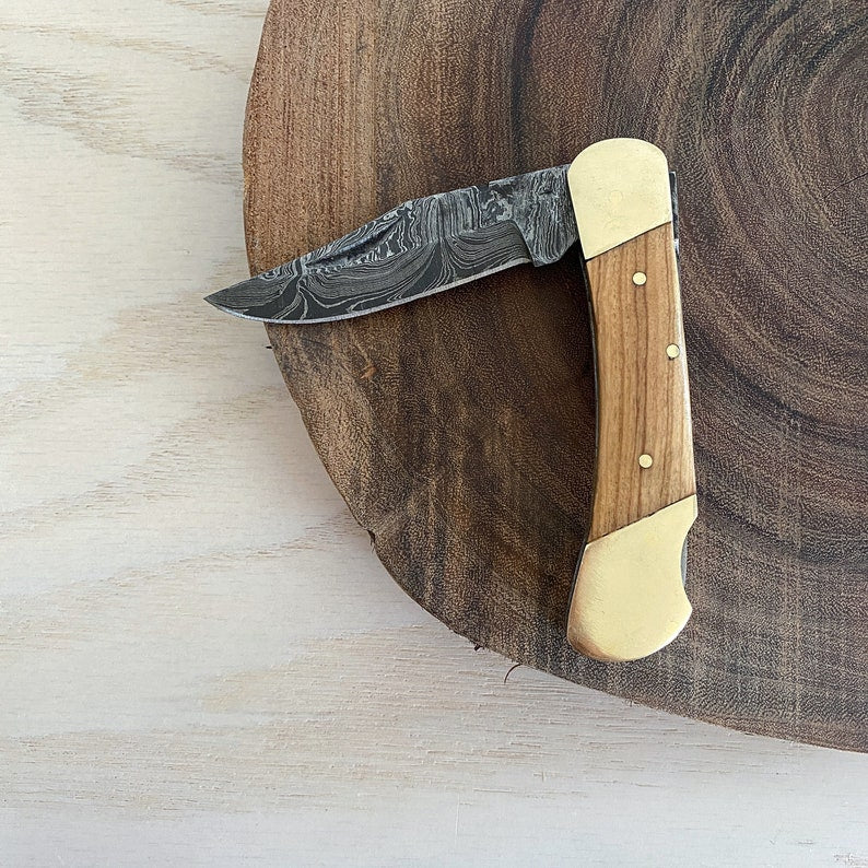 Custom Handmade Damascus Steel Folding Pocket Knife With Leather Sheath