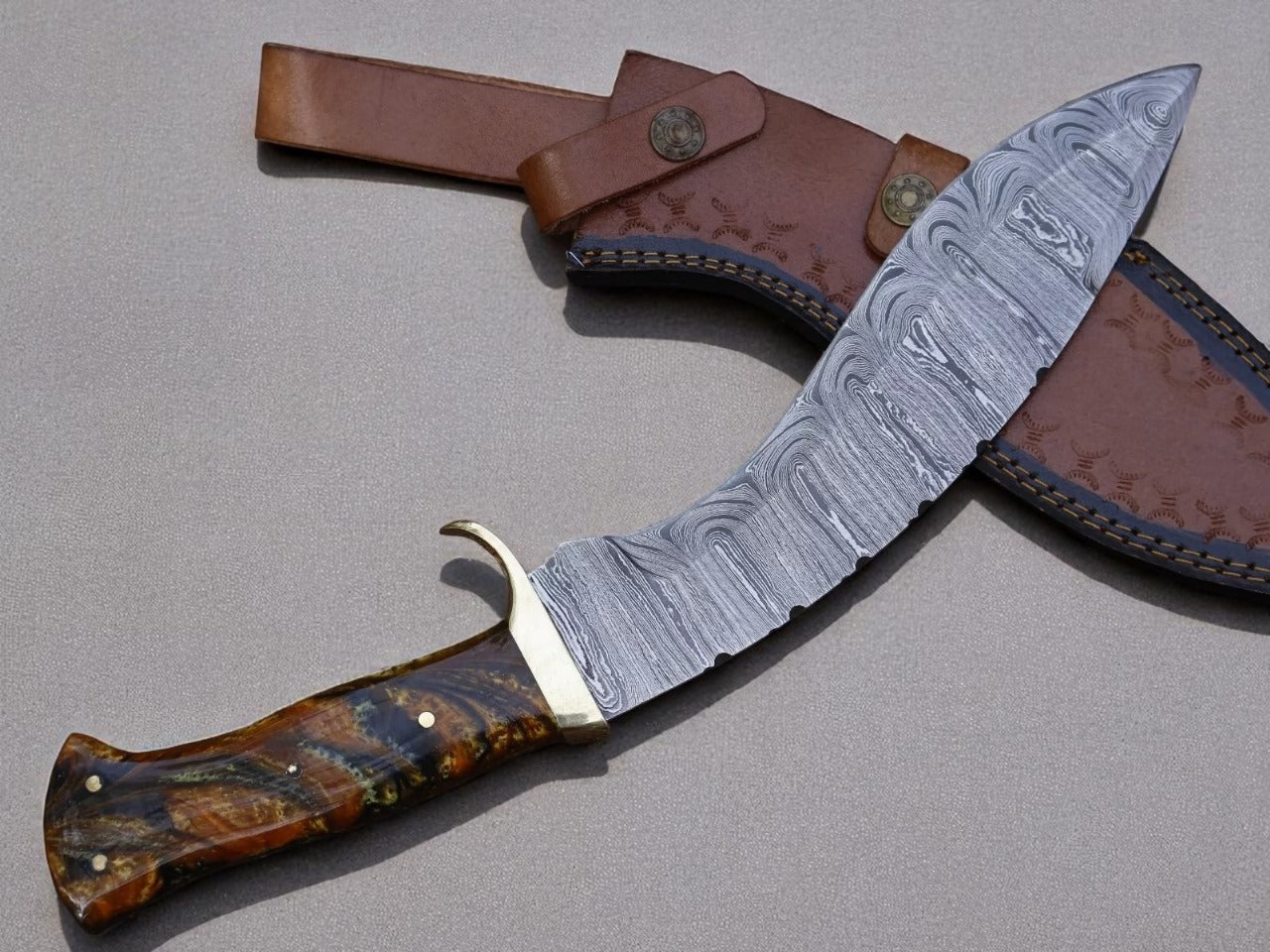 Custom Handmade Damascus Steel Kukri Knife With Leather Sheath