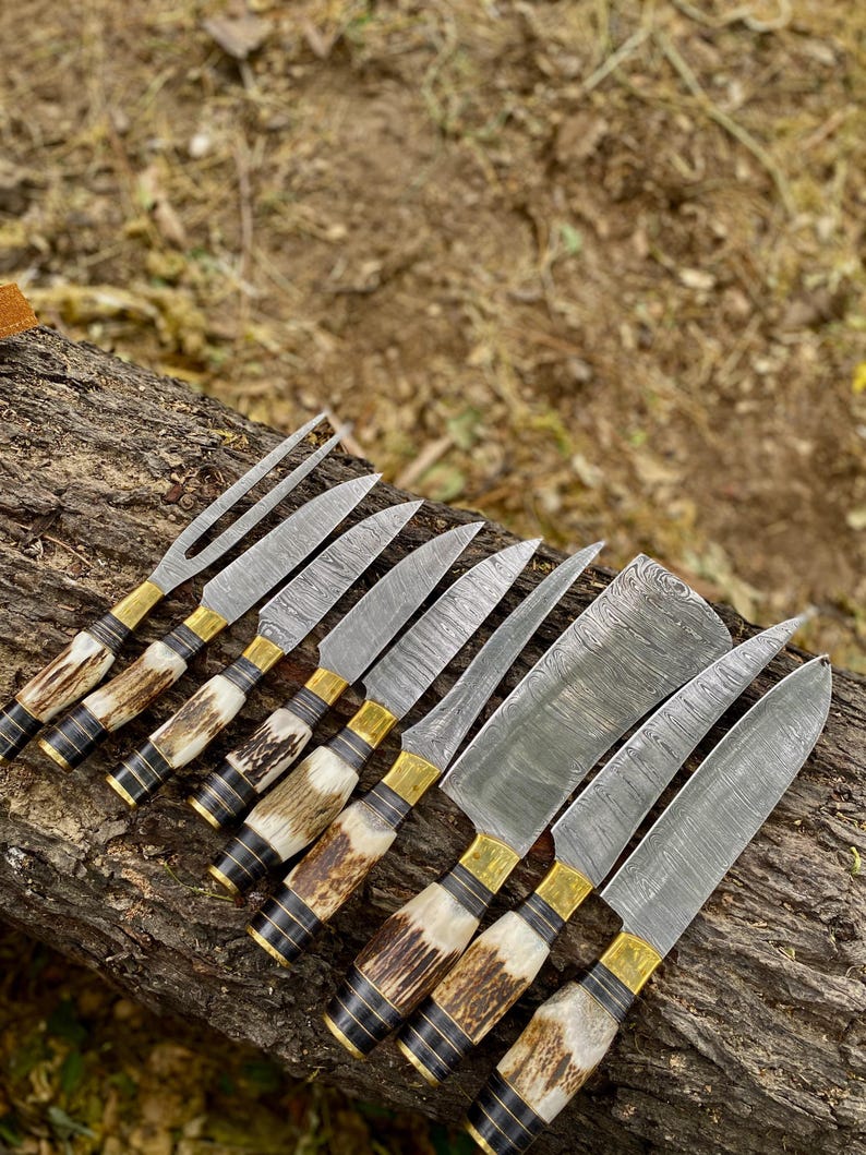 Custom Handmade Damascus Steel Chef Set With Leather Roll Kit Stag Handle