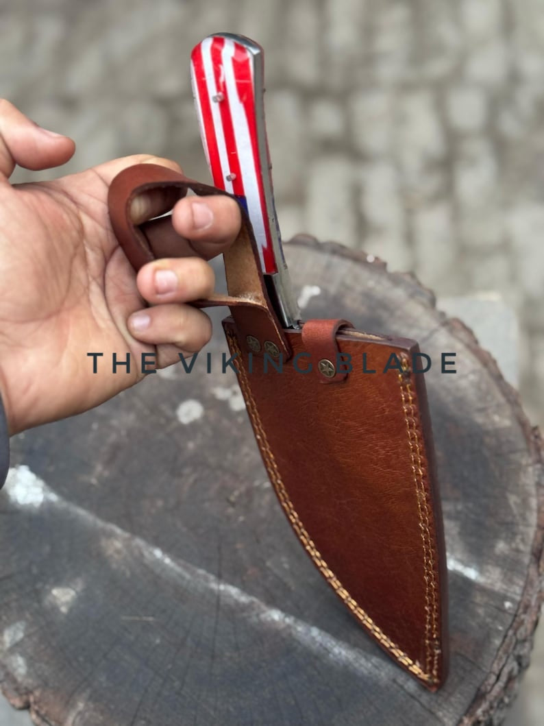 American Flag Handle Chopper Knife With Leather Sheath