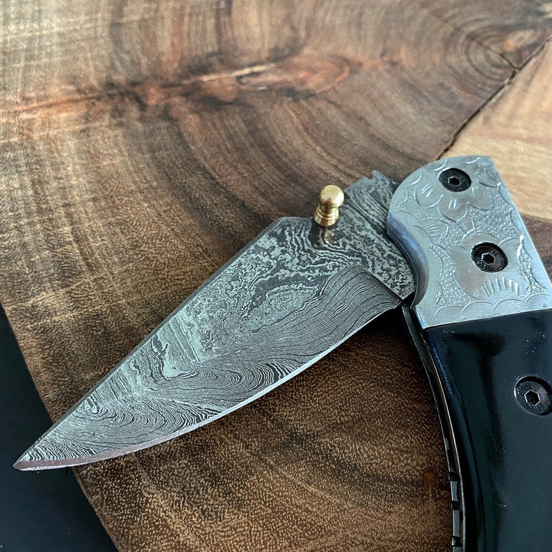 Custom Handmade Damascus Steel Folding Pocket Knife With Leather Sheath