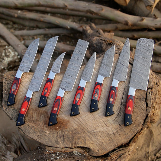 Custom Handmade Damascus Steel Chef Knives Set With Leather Roll Kit