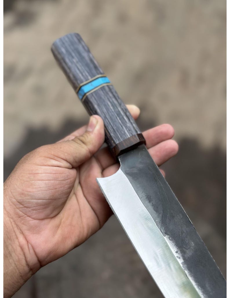 Handmade High-Carbon Steel Chef Knife: Black Wood & Turquoise Handle