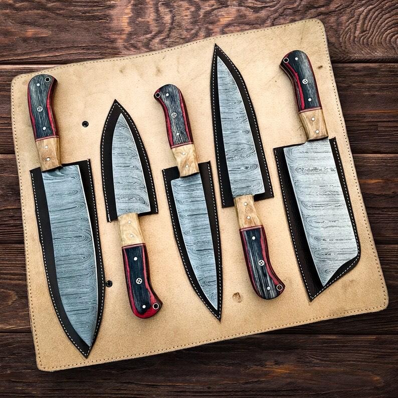 Custom Handmade Damascus Steel Chef Kitchen Knives Set With Leather Roll Kit