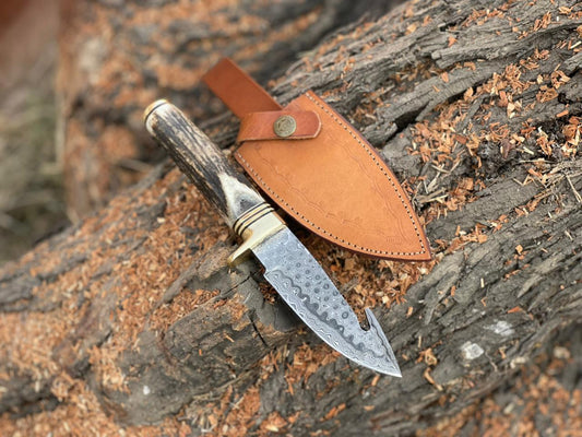 Custom Handmade Damascus Steel Guthook Hunting Knife With Leather Pouch