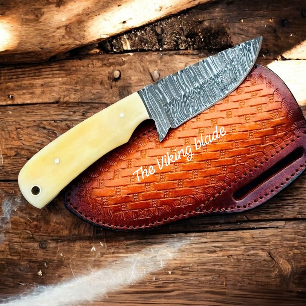 Custom Handmade Cowboy Cross Draw Knife – 3.9" Firestorm Damascus Blade Deer Bone Handle