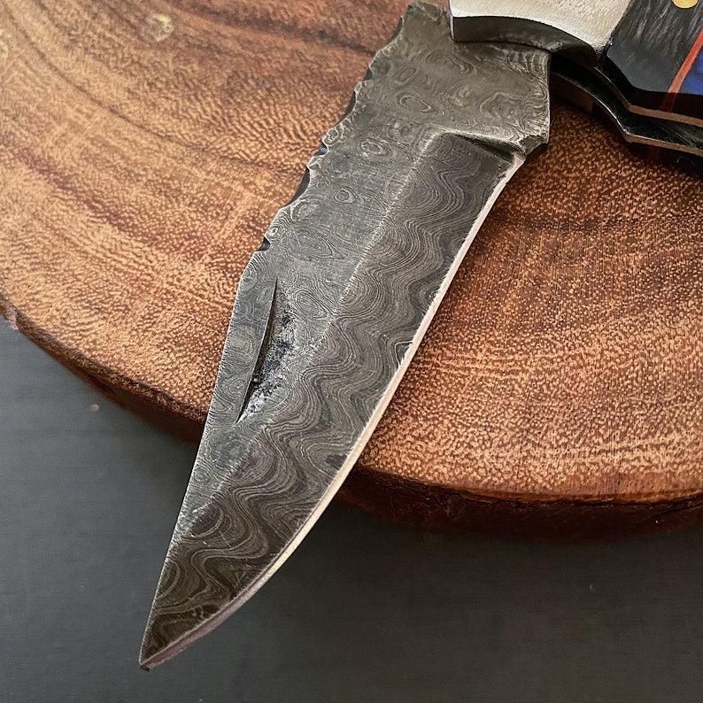 Custom Handmade Damascus Steel Folding Pocket Knife With Leather Pouch