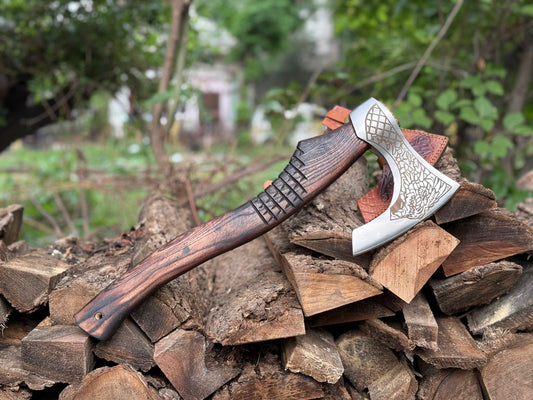 Hand-Forged Viking Style Axe – With Detailed Engravings on Blade & Leather Sheath