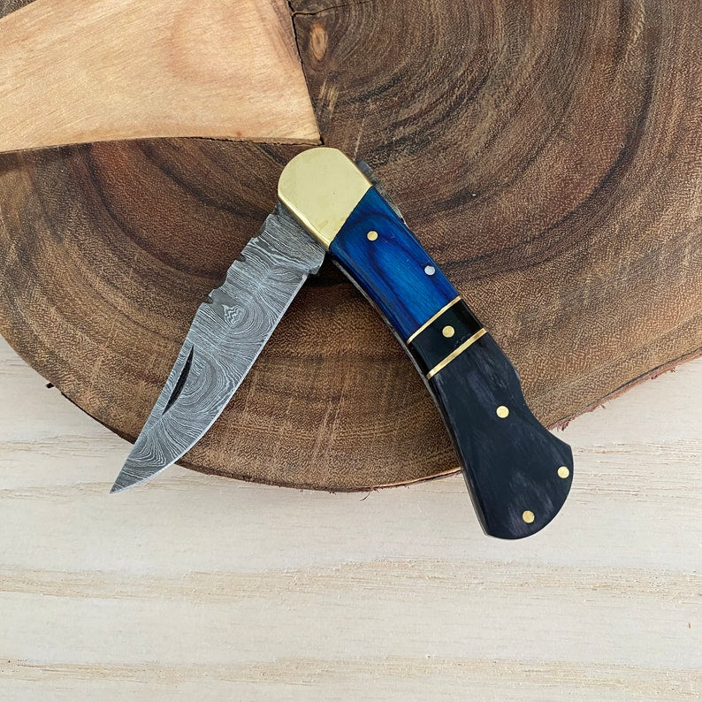 Custom Handmade Damascus Steel Folding Pocket Knife With Leather Sheath