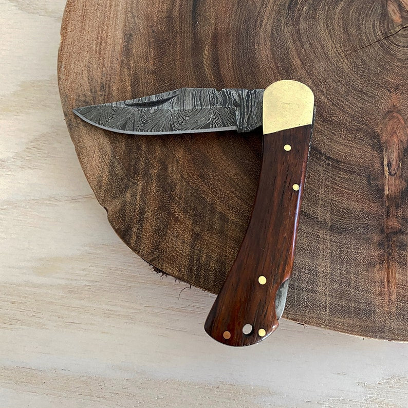 Custom Handmade Damascus Steel Folding Pocket Knife With Leather Sheath