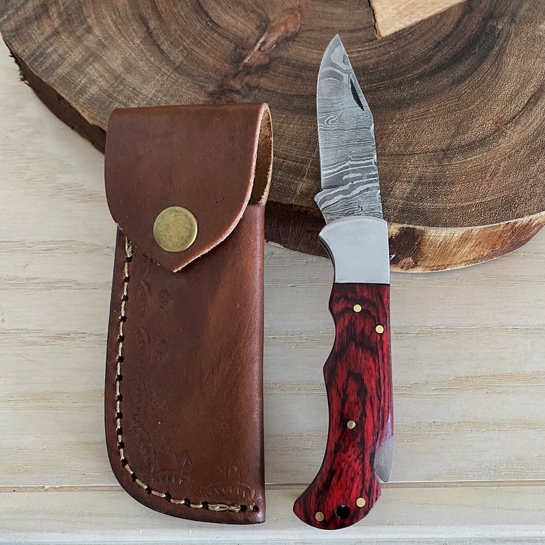 Custom Handmade Damascus Steel Folding Pocket Knife With Leather Pouch