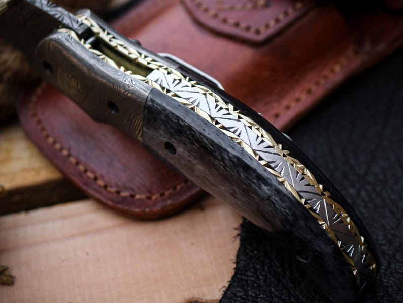 Custom Handmade Damascus Steel Folding Pocket Knife With Leather Pouch