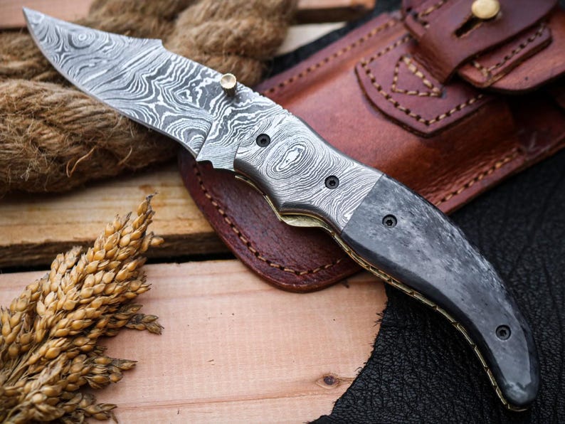 Custom Handmade Damascus Steel Folding Pocket Knife With Leather Pouch