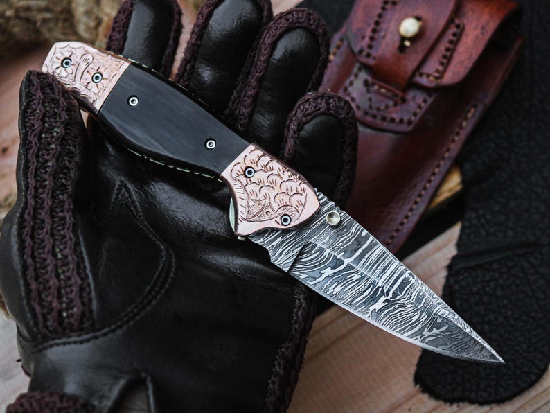 Custom Handmade Damascus Steel Folding Pocket Knife With Leather Pouch