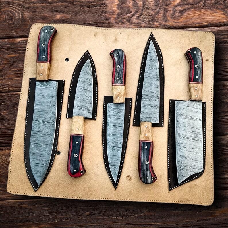 Custom Handmade Damascus Steel Chef Kitchen Knives Set With Leather Roll Kit