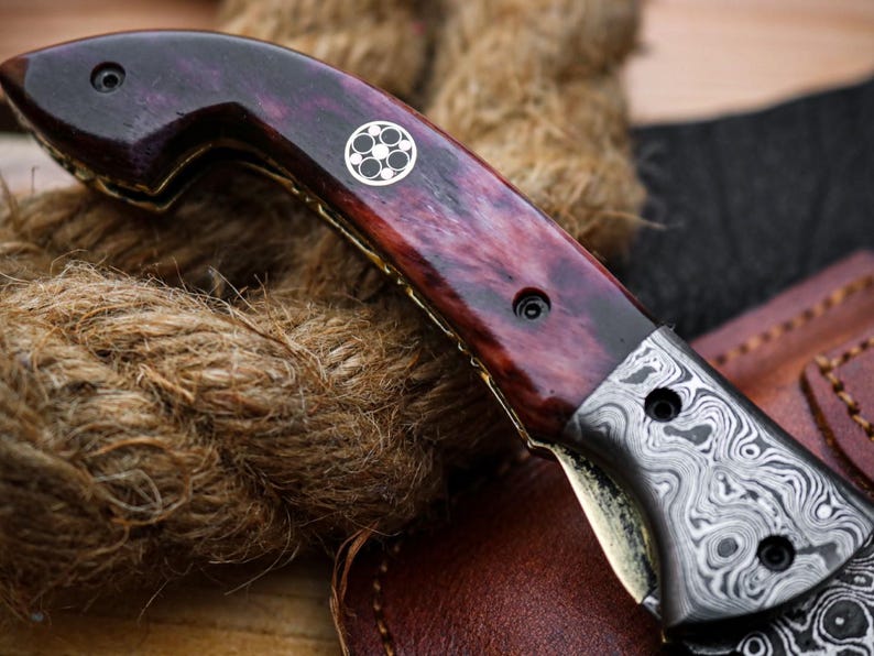 Custom Handmade Damascus Steel Folding Pocket Knife With Leather Pouch