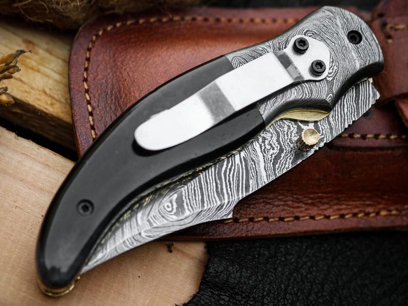 Custom Handmade Damascus Steel Folding Pocket Knife With Leather Pouch