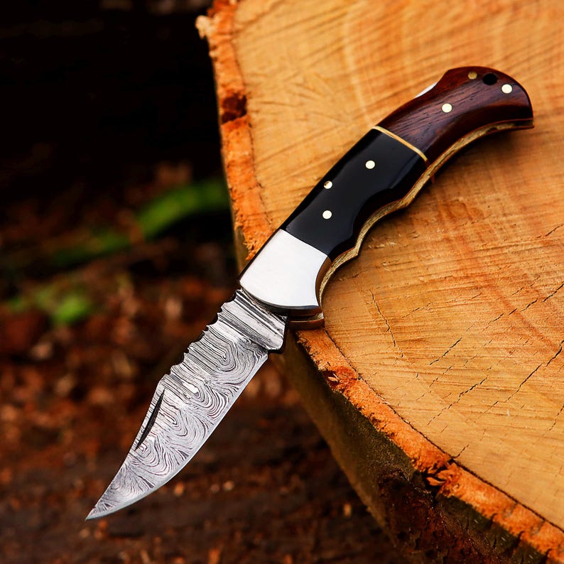 Custom Handmade Damascus Steel Folding Pocket Knife With Leather Pouch