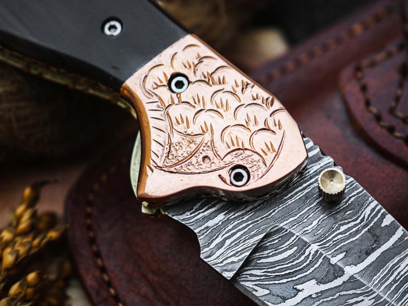 Custom Handmade Damascus Steel Folding Pocket Knife With Leather Pouch