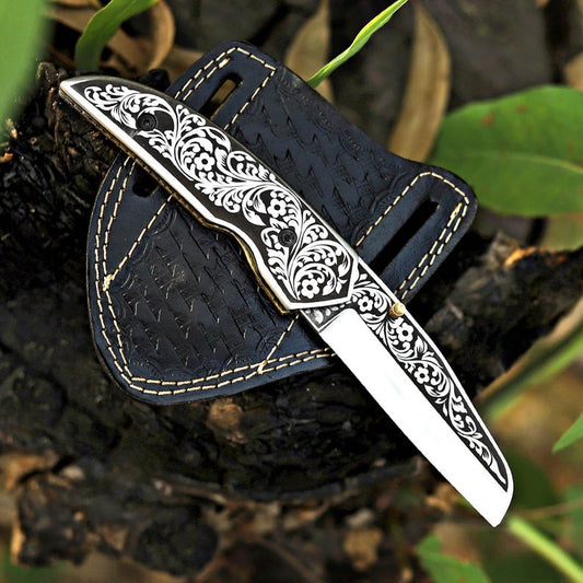 Handcrafted Foldable Knife with Exquisite Laser-Engraved Floral Pattern - Perfect Gift Idea