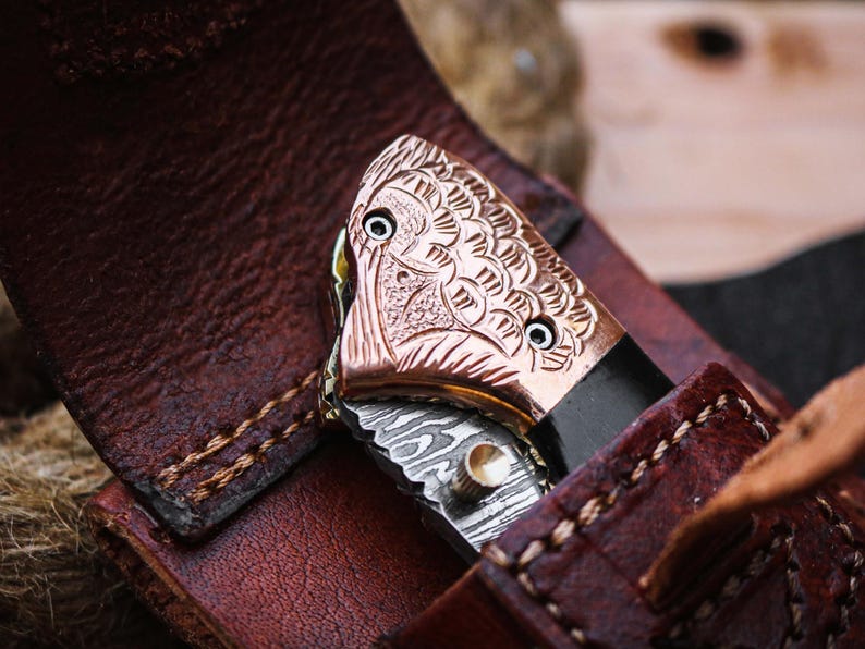 Custom Handmade Damascus Steel Folding Pocket Knife With Leather Pouch