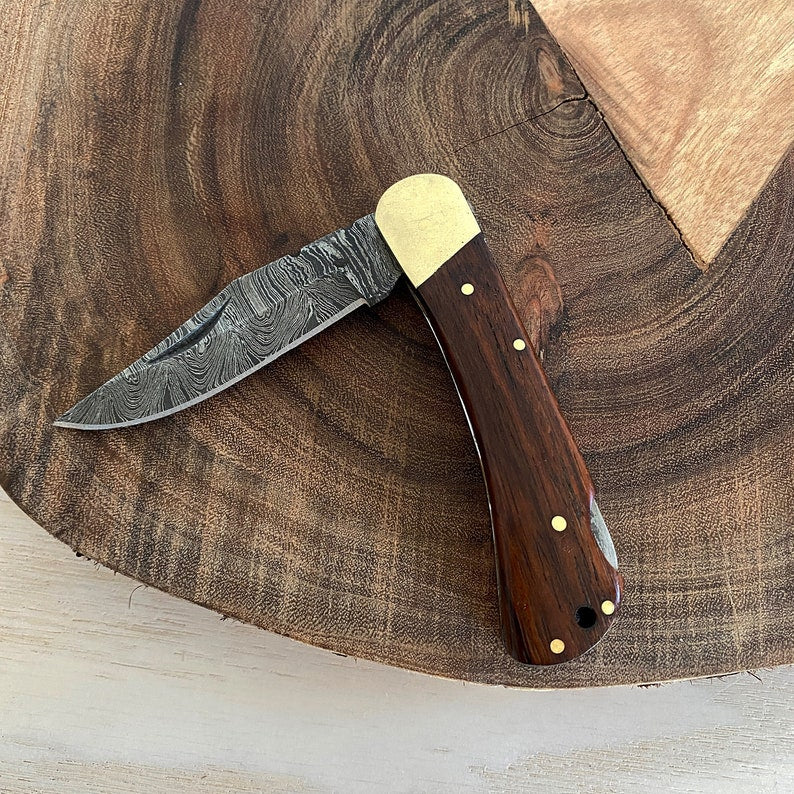 Custom Handmade Damascus Steel Folding Pocket Knife With Leather Sheath