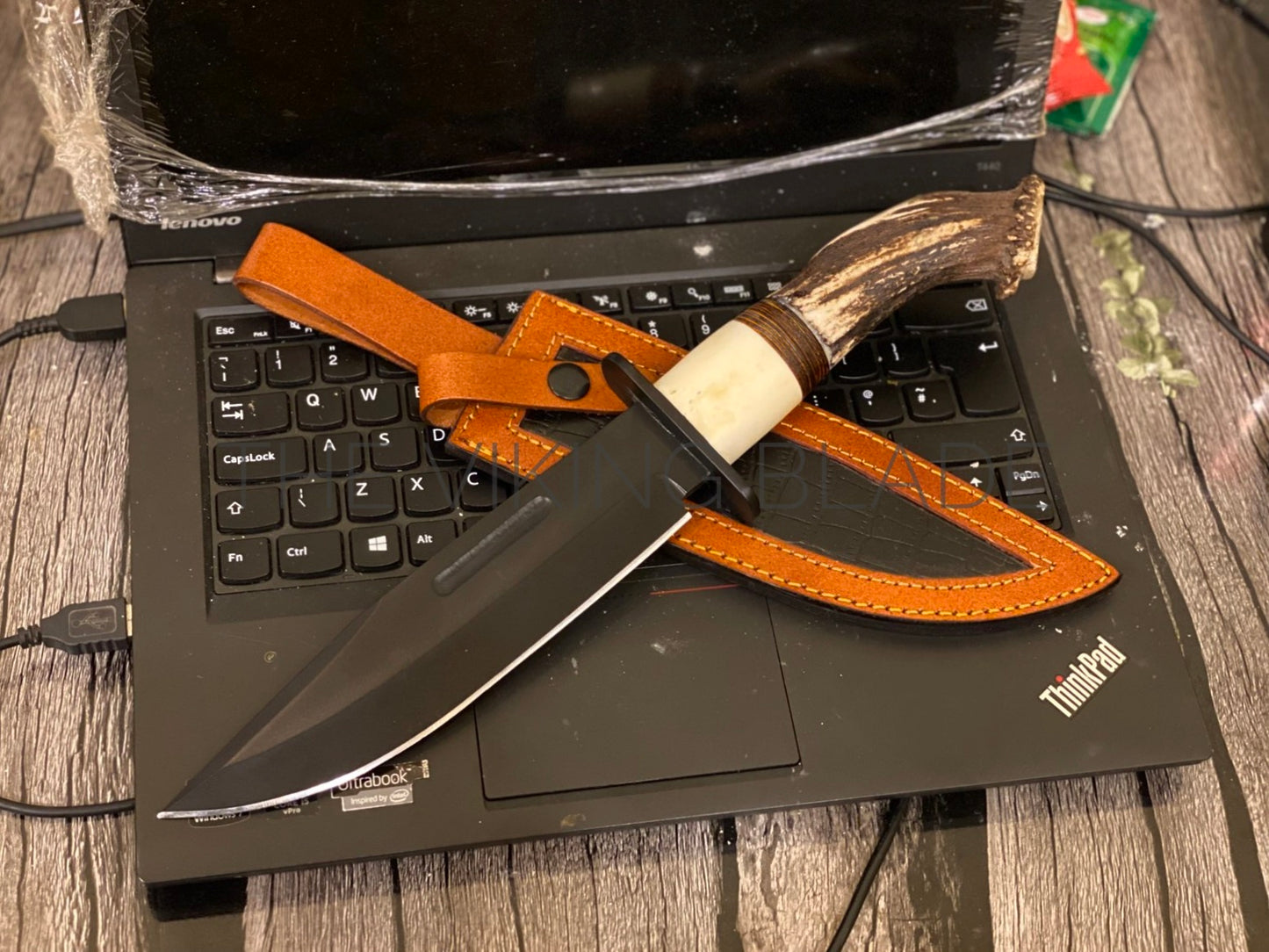 Custom Made Antler And Bone Handle Bowie Knife With Leather Sheath