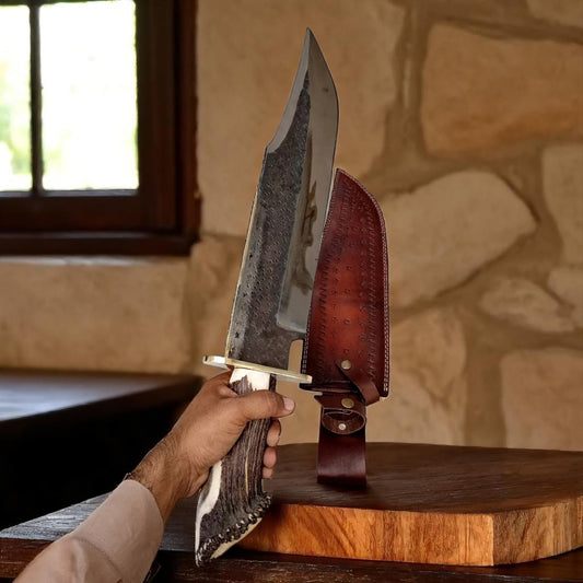 Handmade Carbon Steel Bowie Knife | 18" Blade with Stag Handle & Leather Sheath | Custom Hunting Knife