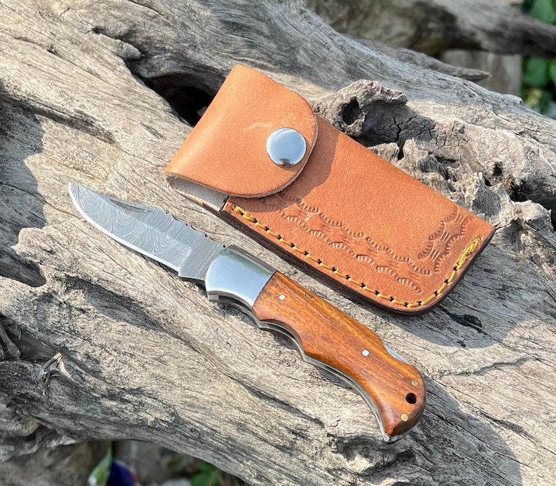 Custom Handmade Damascus Steel Folding Pocket Knife With Leather Pouch