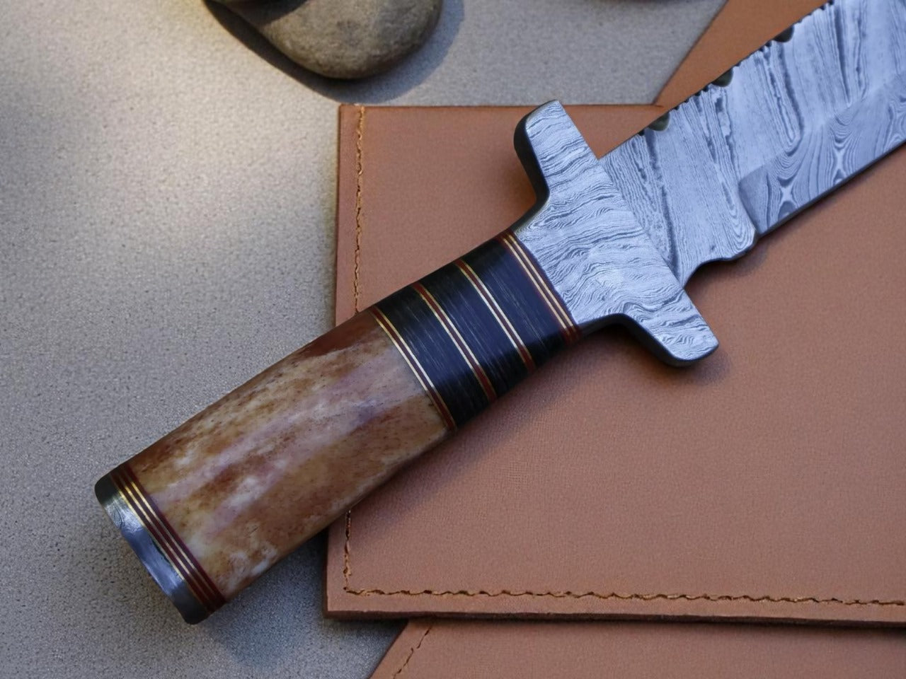 Custom Handmade Damascus Steel Hunting Knife With Leather Sheath