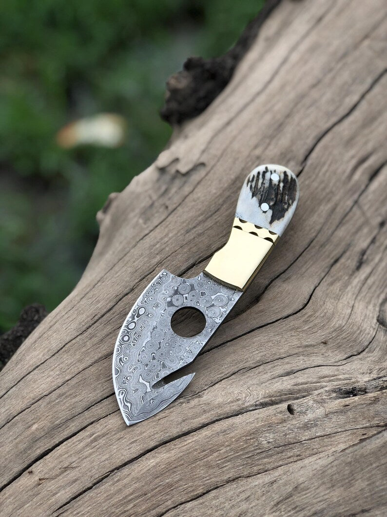 handmade damascus steel guthook skinning knife with sheath